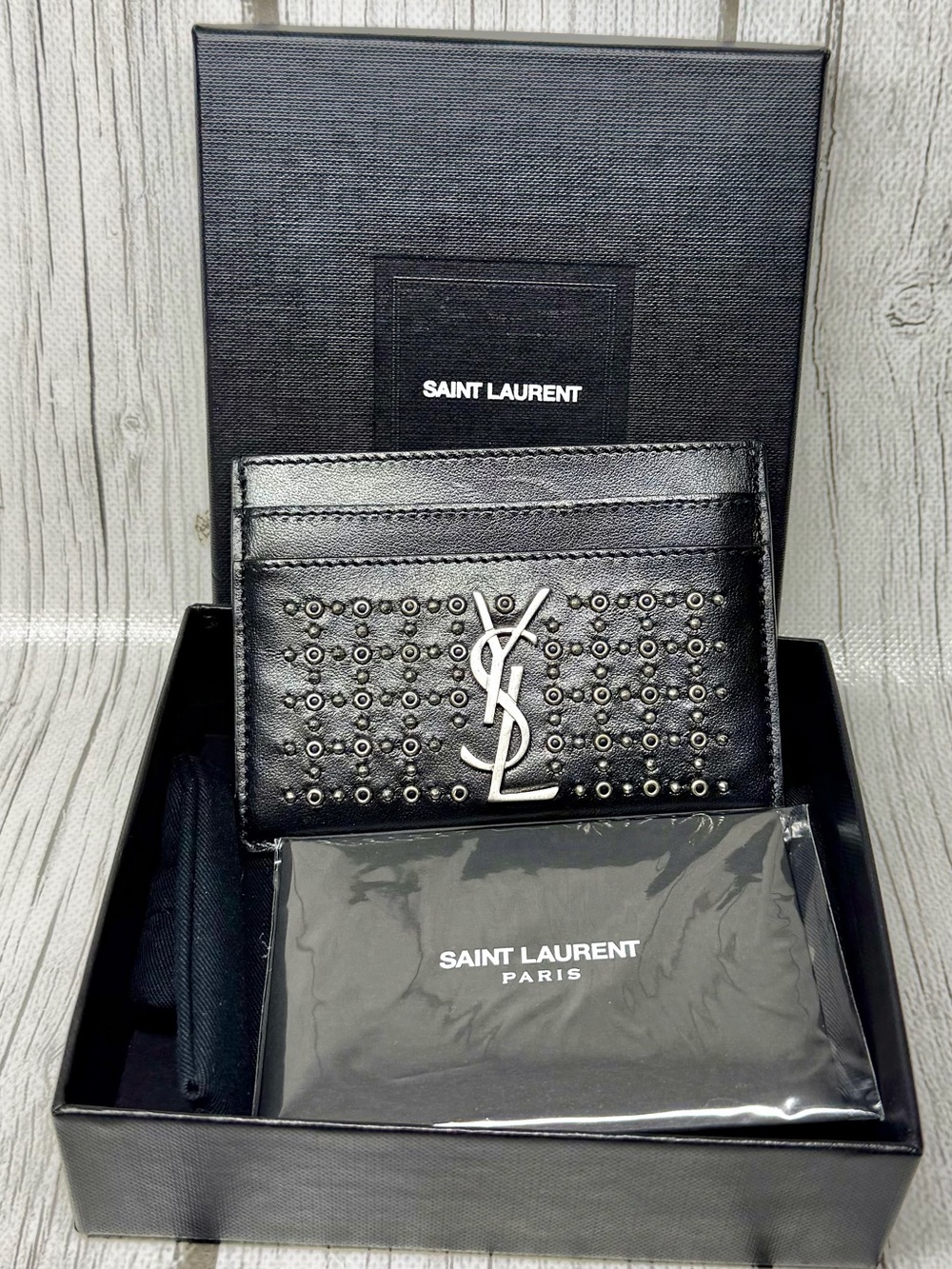 PRE LOVED Yves Saint Lauren YSL Calfskin Studded Monogram Credit Card Case Black